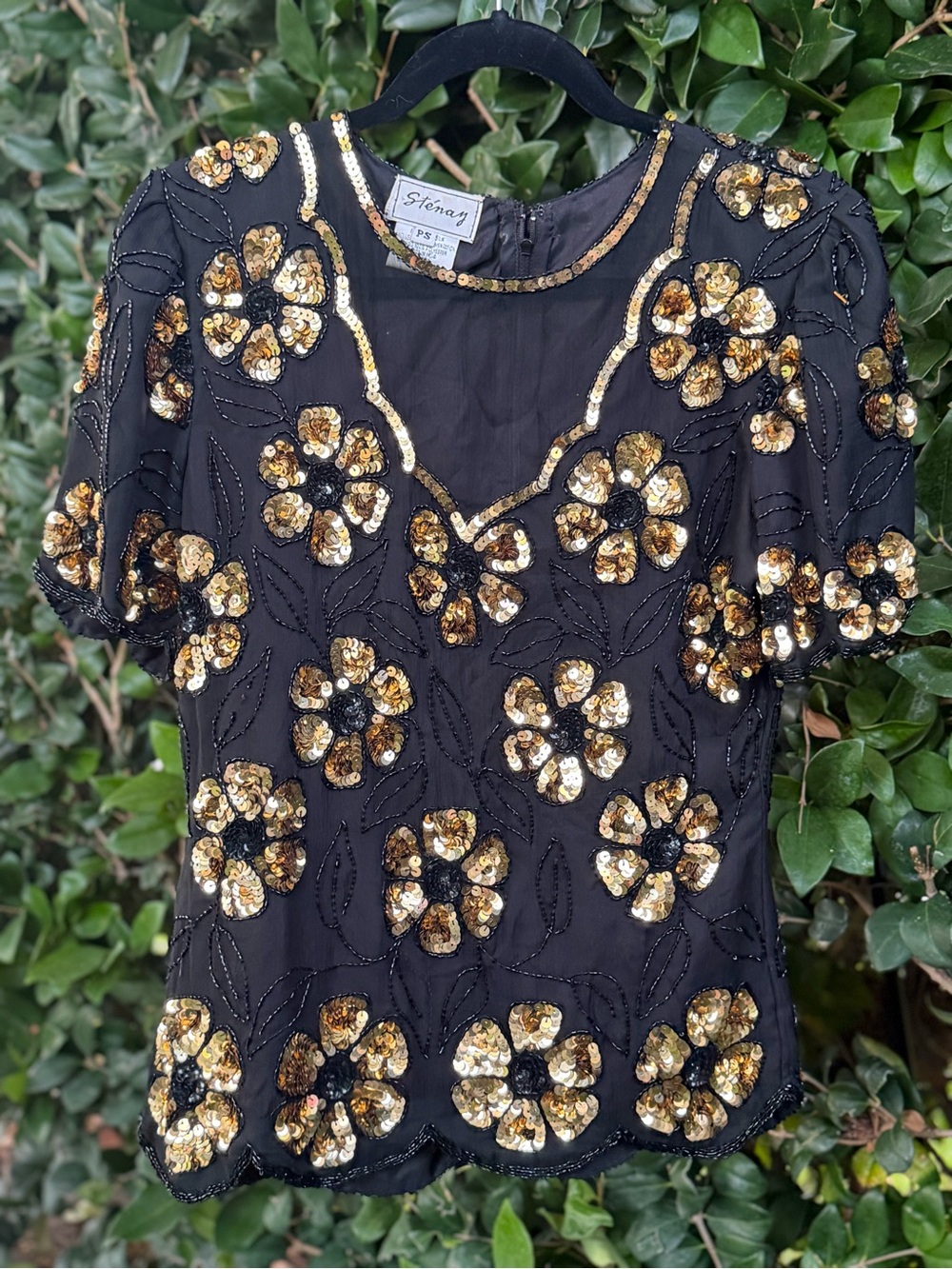 Stenay Vintage Black Sequin Floral Short Sleeve Top